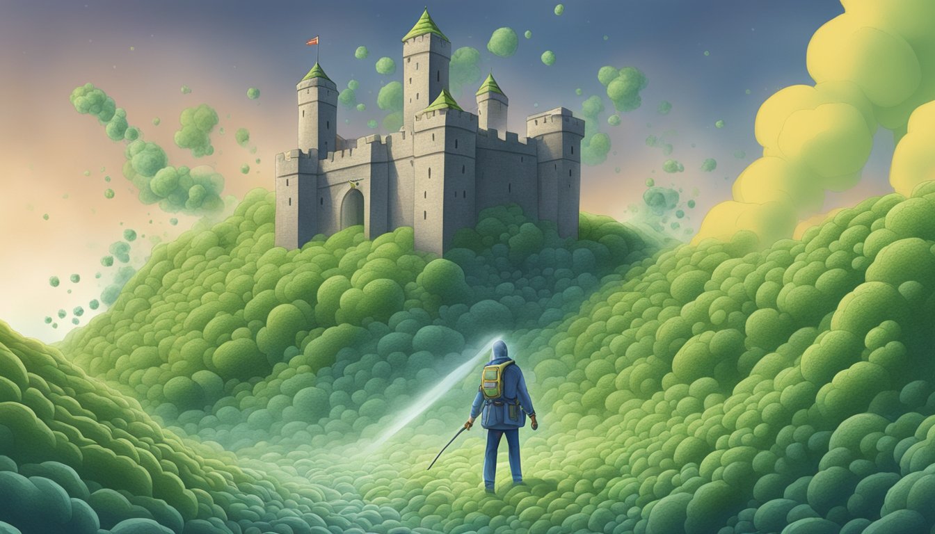 A person's immune system fighting off mold toxins, depicted as a fortress repelling invading mold spores