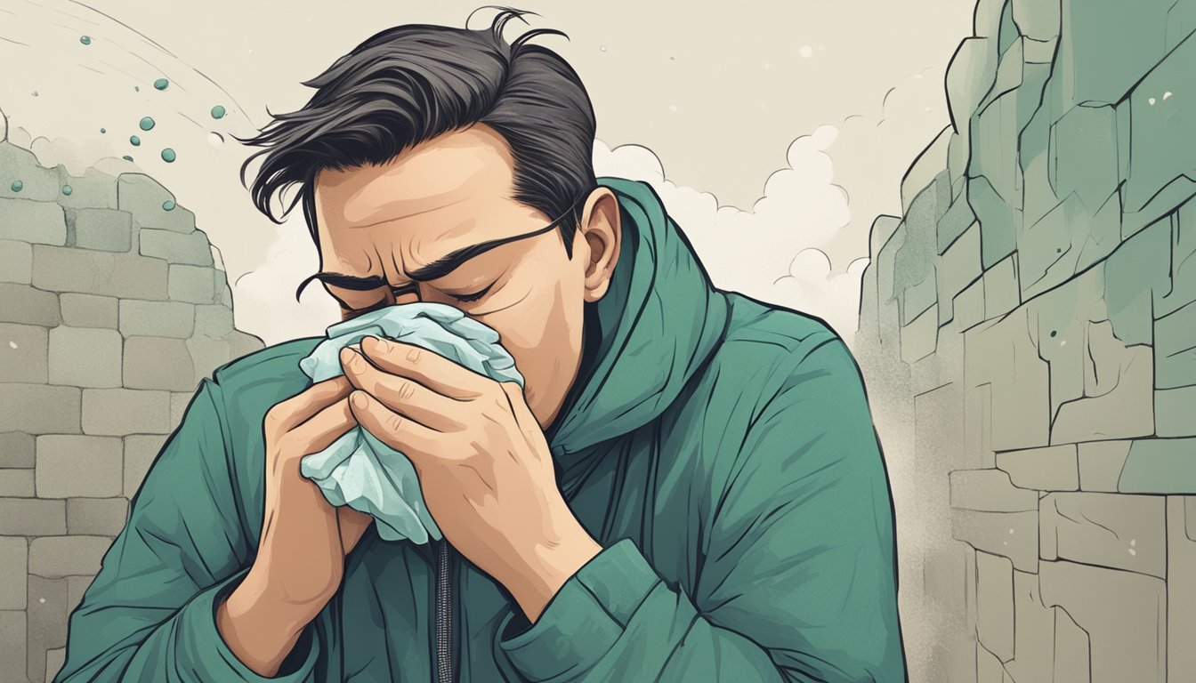 A person sneezing and rubbing their itchy eyes, surrounded by moldy walls and damp, musty air