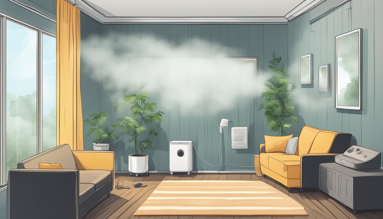 A room with visible mold growth on walls and ceilings. A person sneezing and rubbing their itchy eyes. Air purifier and dehumidifier in the corner
