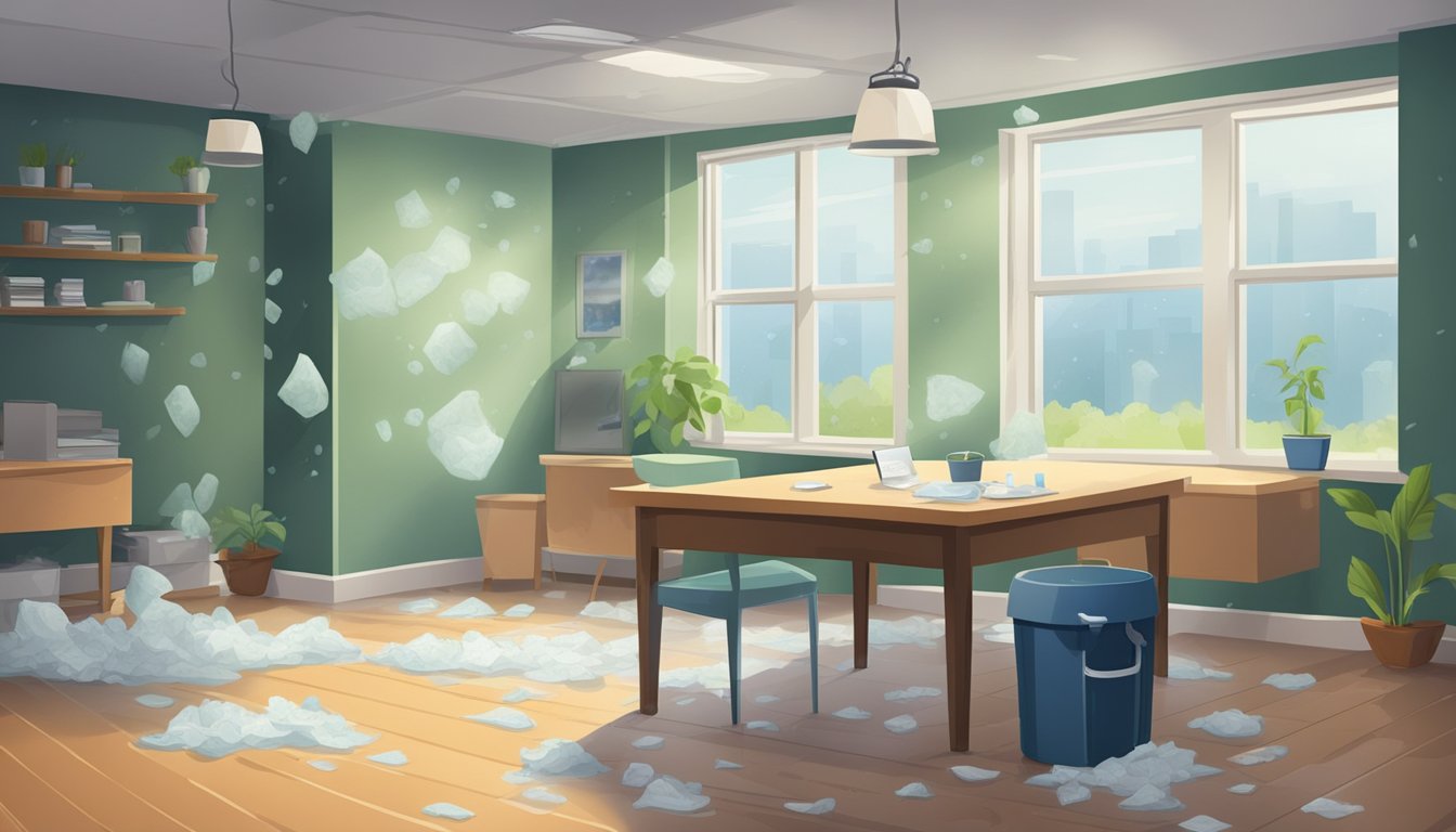 A damp, musty room with visible mold growth on walls and ceilings. Tissues and allergy medication scattered on a table. Closed windows and air purifier in the corner