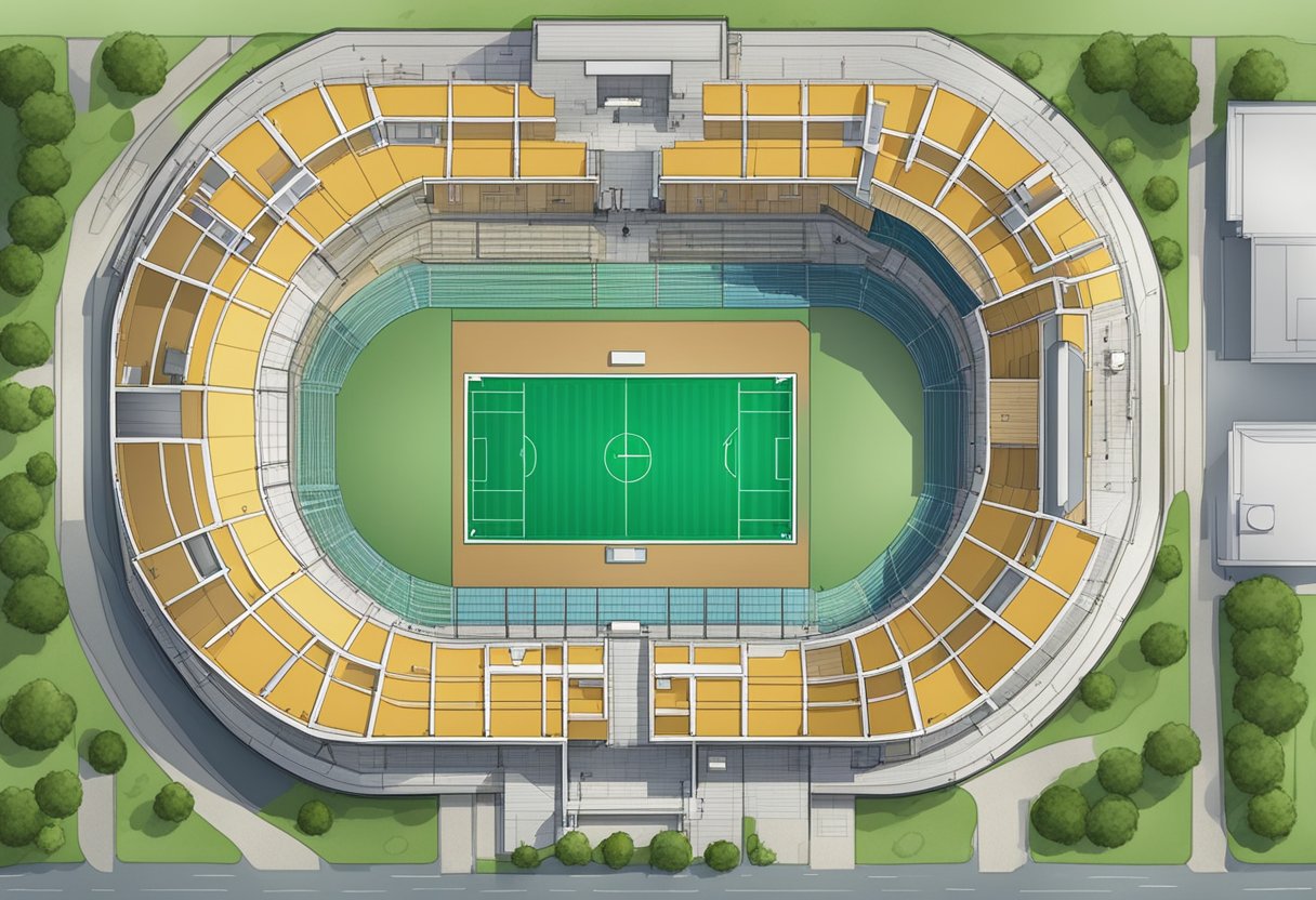 An aerial view of Diamond Oval construction with detailed seating plan inside