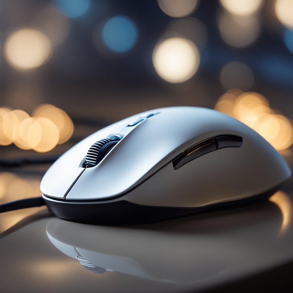 A sleek, white gaming mouse glows softly in the dim light, casting a gentle, ethereal glow on the surrounding desk
