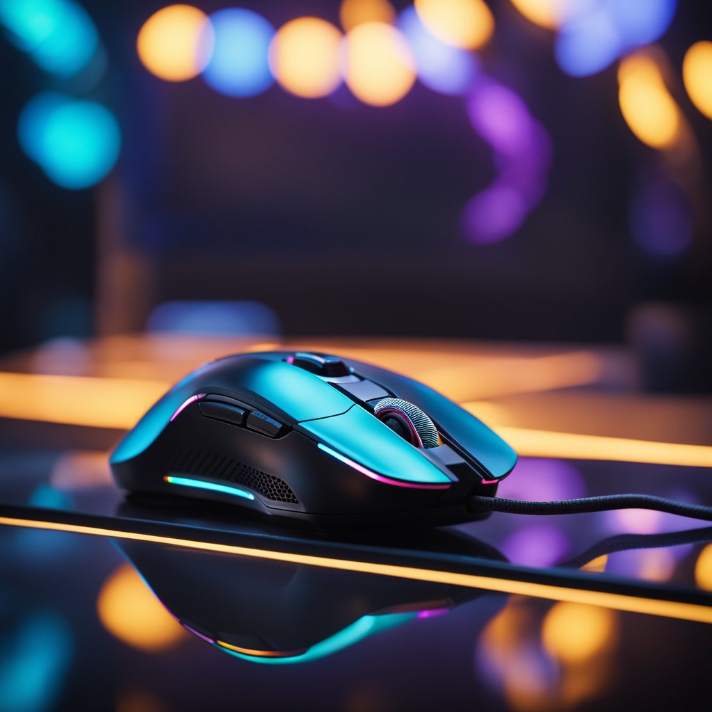 A sleek, lightweight gaming mouse glides across a futuristic, illuminated gaming setup, with customizable RGB lighting and advanced sensor technology