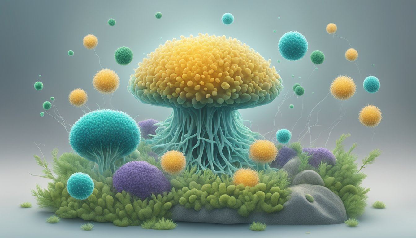 A mold spore is blocked by a barrier, while an immune system cell is weakened nearby