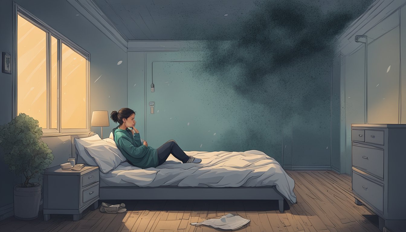 A dark, damp room with visible mold growth on walls and ceilings. A person coughs while sitting on a bed, surrounded by mold spores in the air