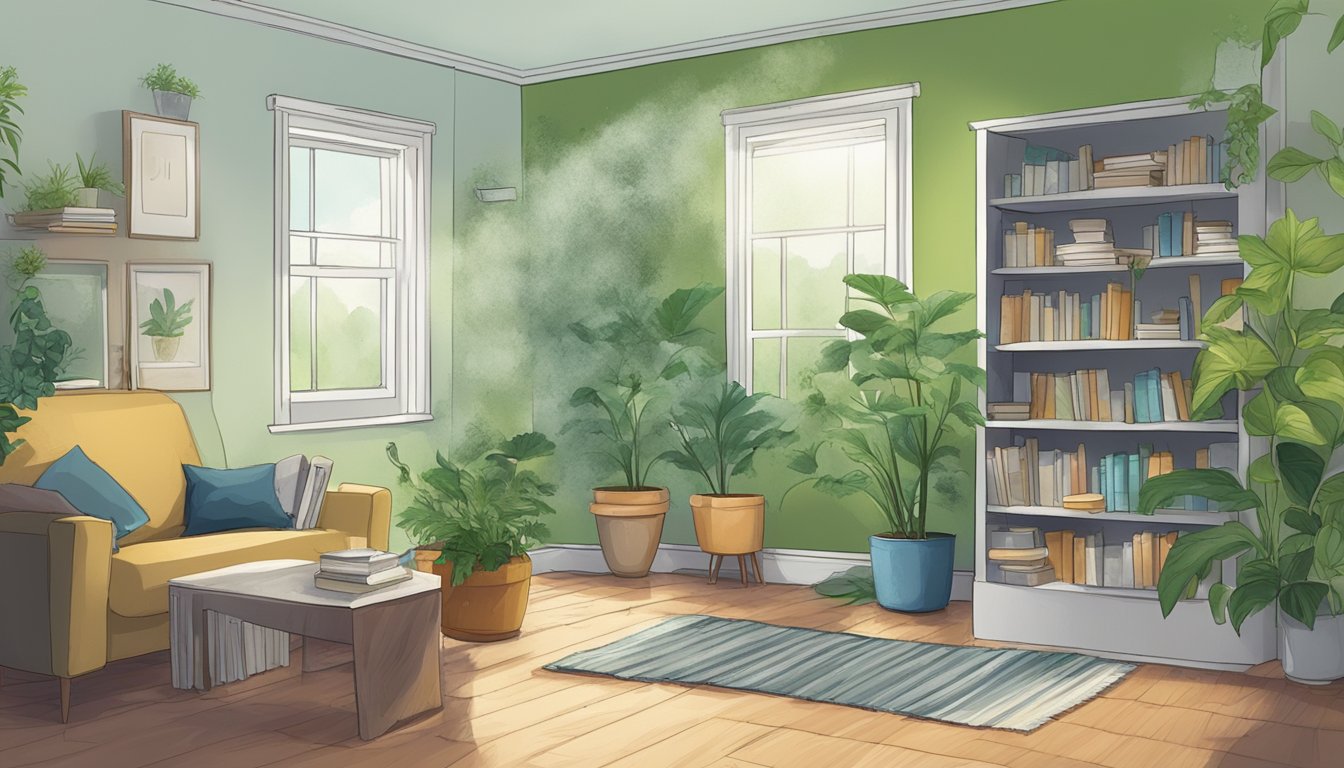 A room with mold-infested walls and ceilings. Dehumidifier and air purifier in use. Plants and books removed. Clean, organized space