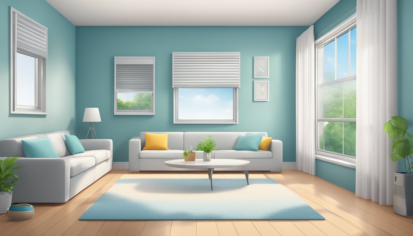 A clean, well-ventilated room with dehumidifier, air purifier, and mold-resistant materials. Open windows, remove visible mold, and use HEPA vacuum