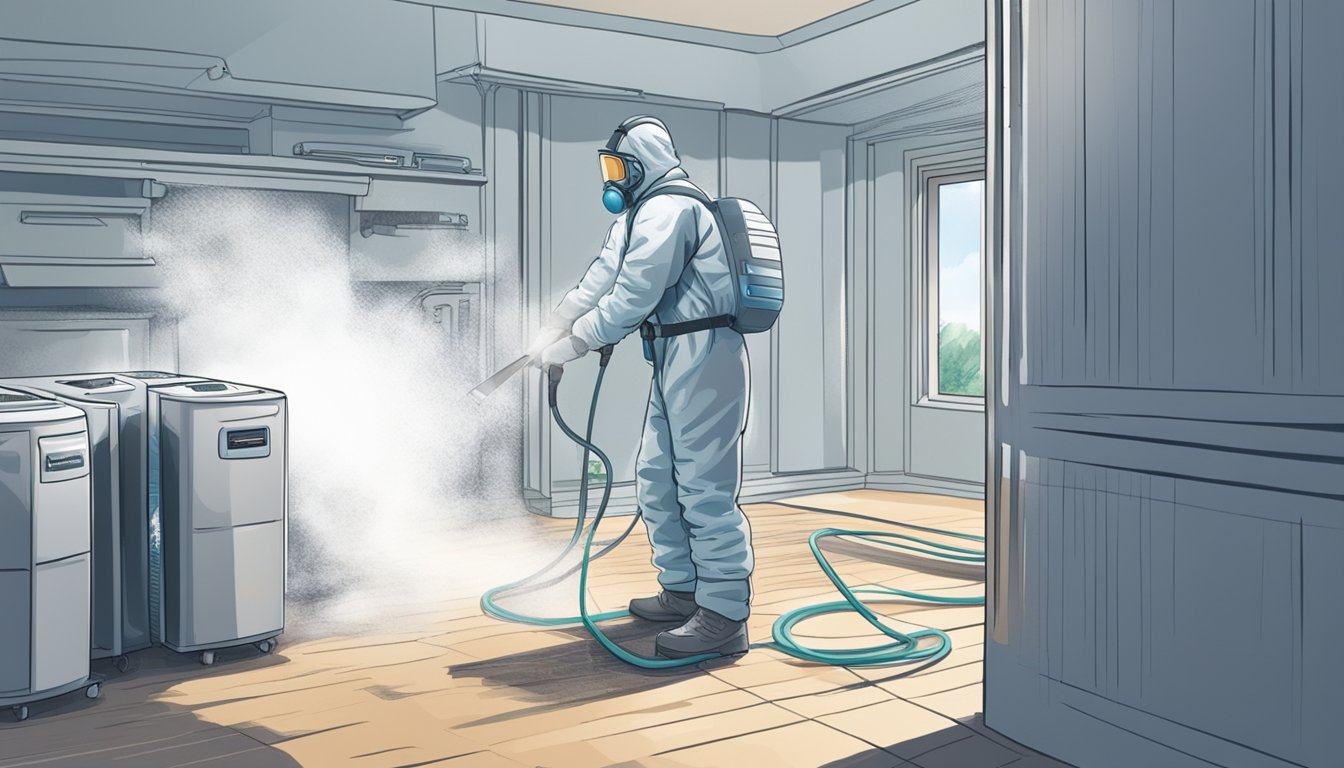A person in protective gear sprays and wipes surfaces in a mold-infested room. Air purifiers hum in the background, and a dehumidifier works to reduce moisture levels