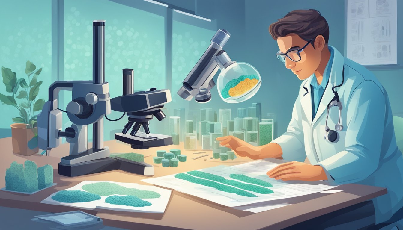 A lab technician examines mold samples under a microscope, while a doctor reviews patient charts and a researcher studies immune system diagrams