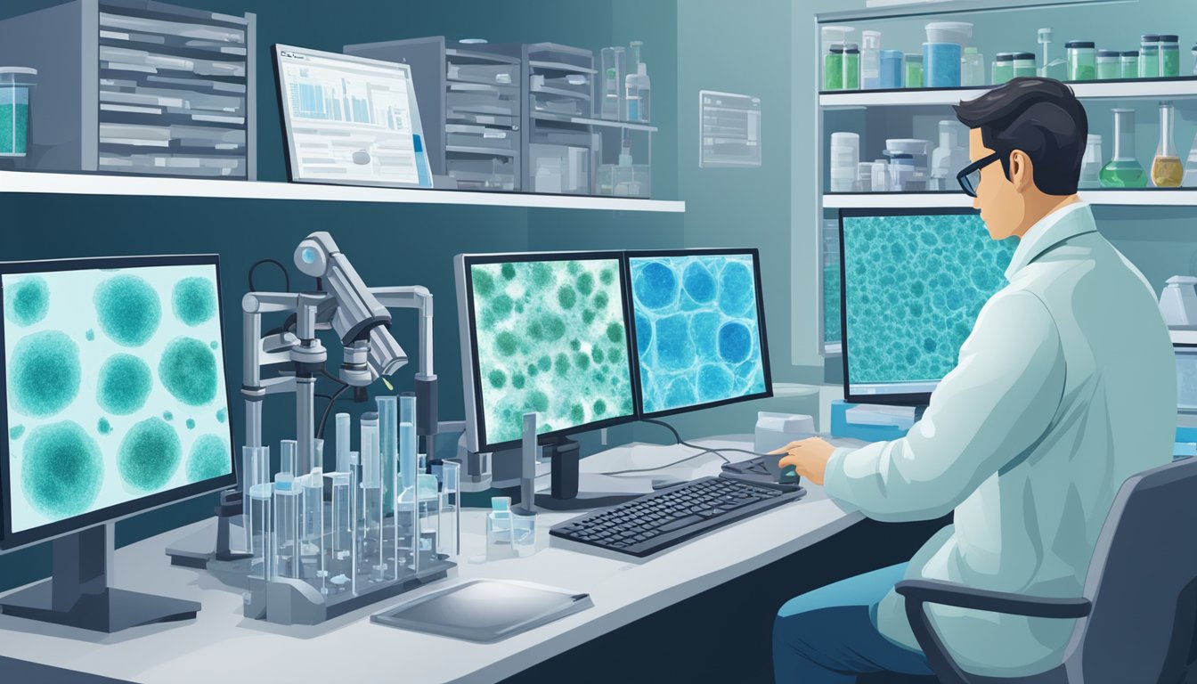 A laboratory setting with mold spores under a microscope, medical equipment, and a researcher analyzing data on a computer screen