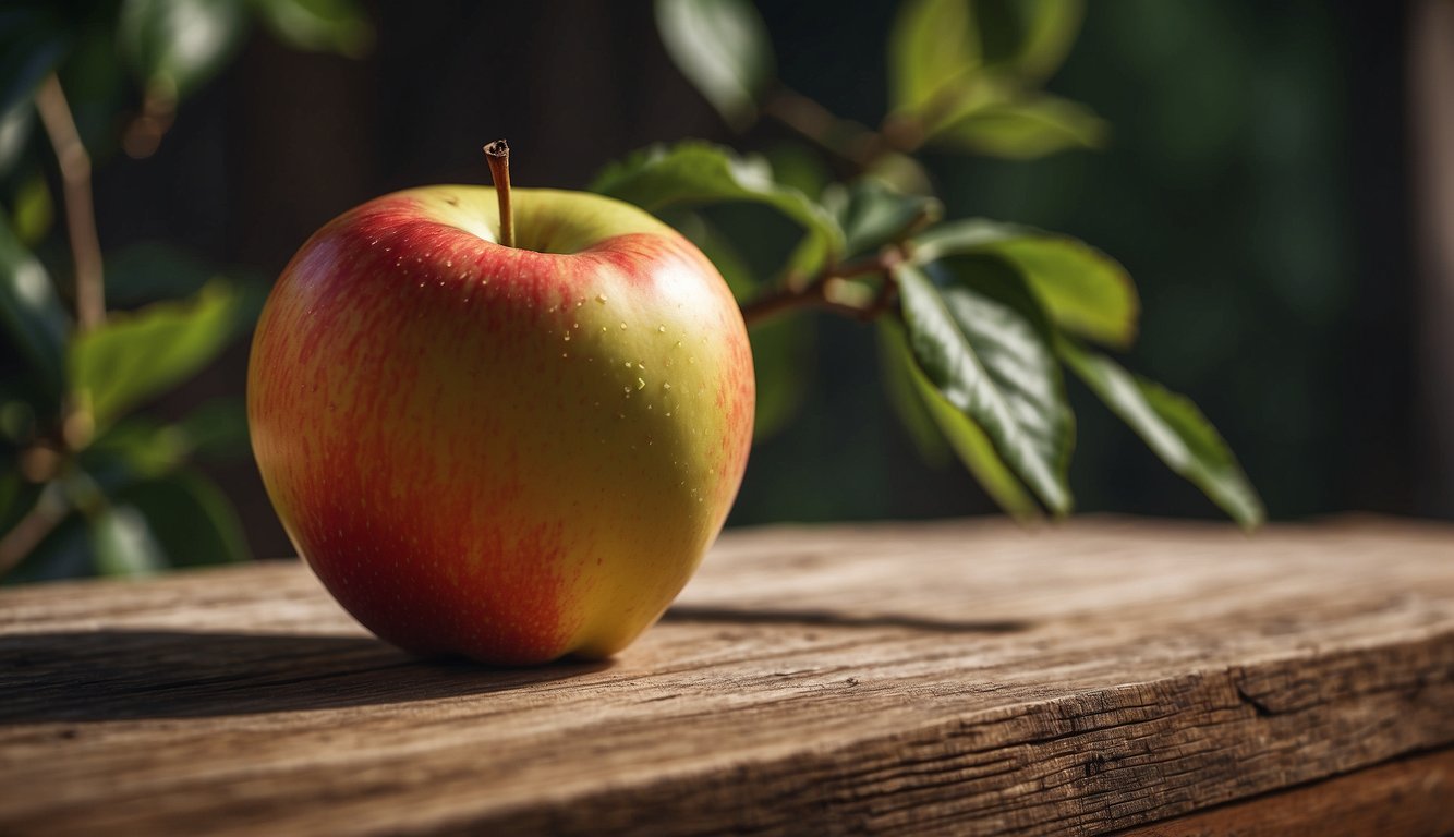 A ripe apple sits on a wooden surface, surrounded by a variety of factors affecting its freshness, such as temperature, humidity, and exposure to air
