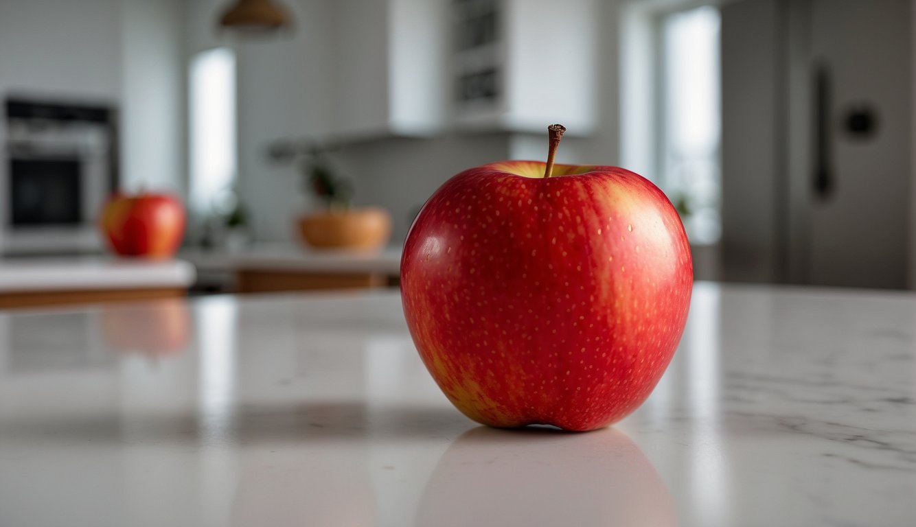 A bright red apple sits on a clean, white countertop. It is plump, shiny, and free from any blemishes or bruises