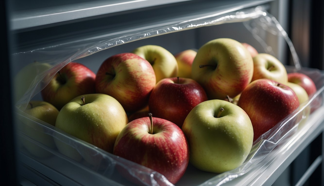 Fresh apples in a sealed plastic bag, stored in a refrigerator