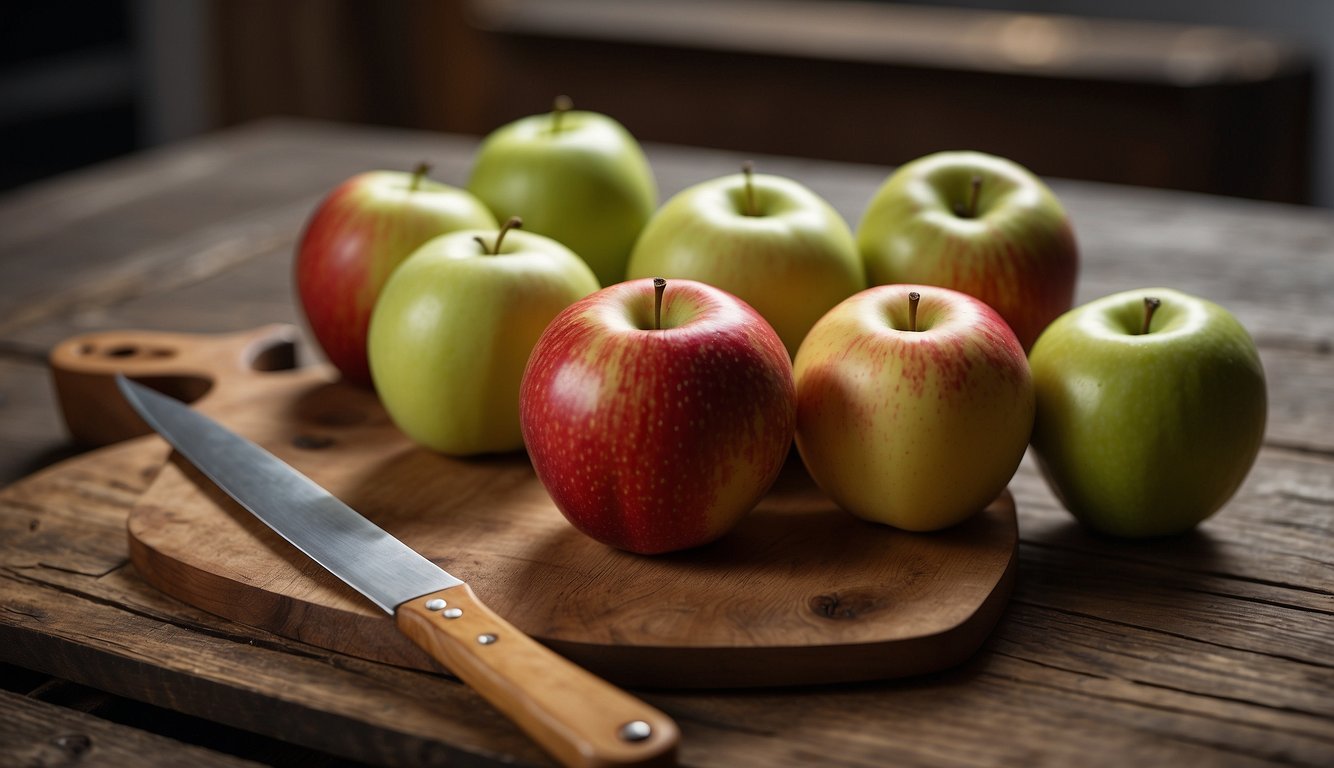 Apples at different stages: ripe, overripe, and rotten, arranged on a wooden table. A chef's knife and cutting board nearby