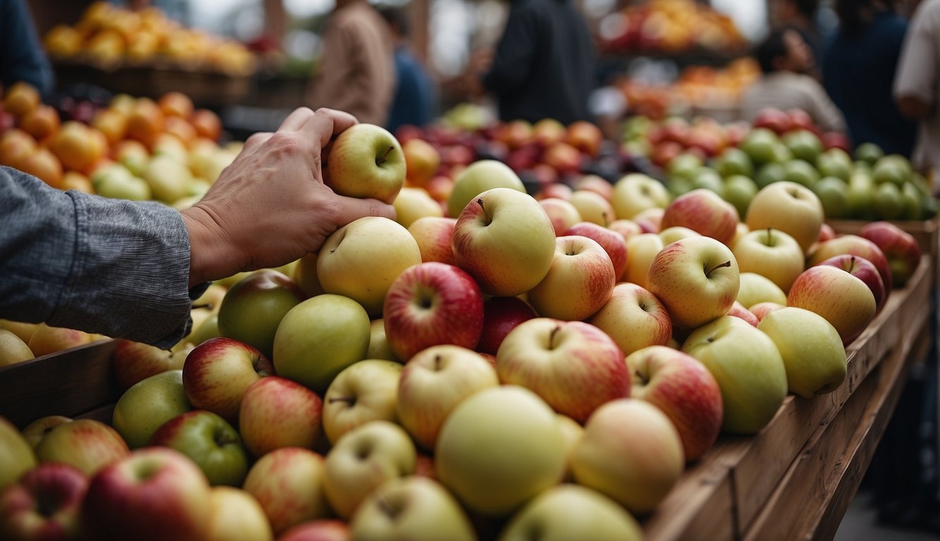 A hand reaches for a crisp apple among a variety of options at a market stand, carefully inspecting each one for freshness and quality