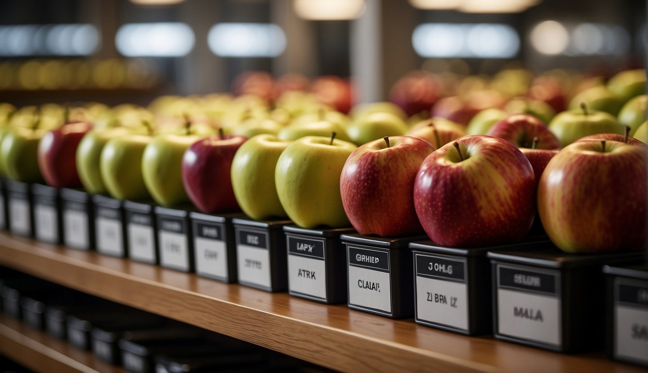 Various apple types arranged on a shelf, with labels indicating their names and shelf life durations