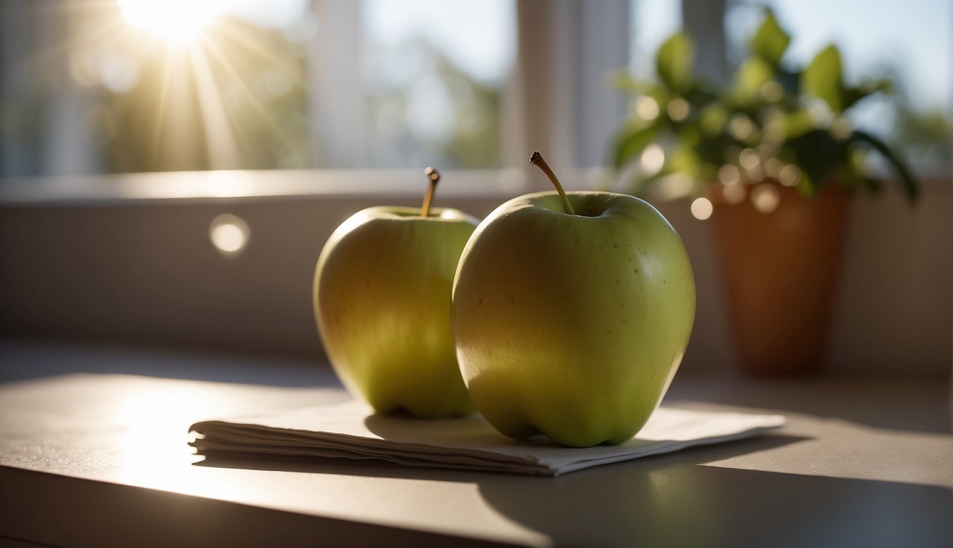 A ripe apple sits on a countertop, surrounded by sunlight and fresh air. A calendar on the wall shows the passage of time