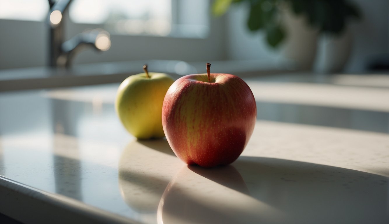 An apple sits on a clean, white countertop, surrounded by a soft glow of natural light. It appears firm and vibrant in color, with no signs of decay