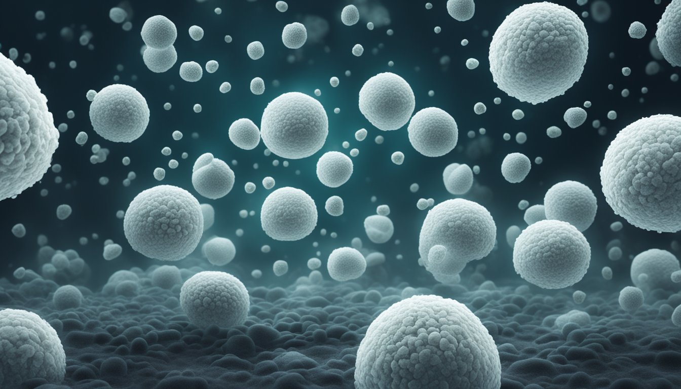 A dark, damp room with mold spores floating in the air. The immune system is depicted as an army of white blood cells attacking the invading mold