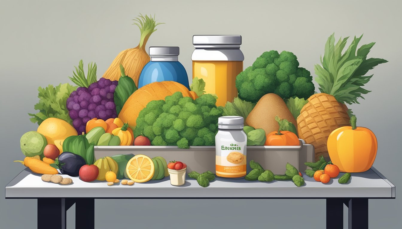 A table with various fruits, vegetables, and supplements arranged to depict a balanced diet. A moldy loaf of bread is shown being discarded in a trash can