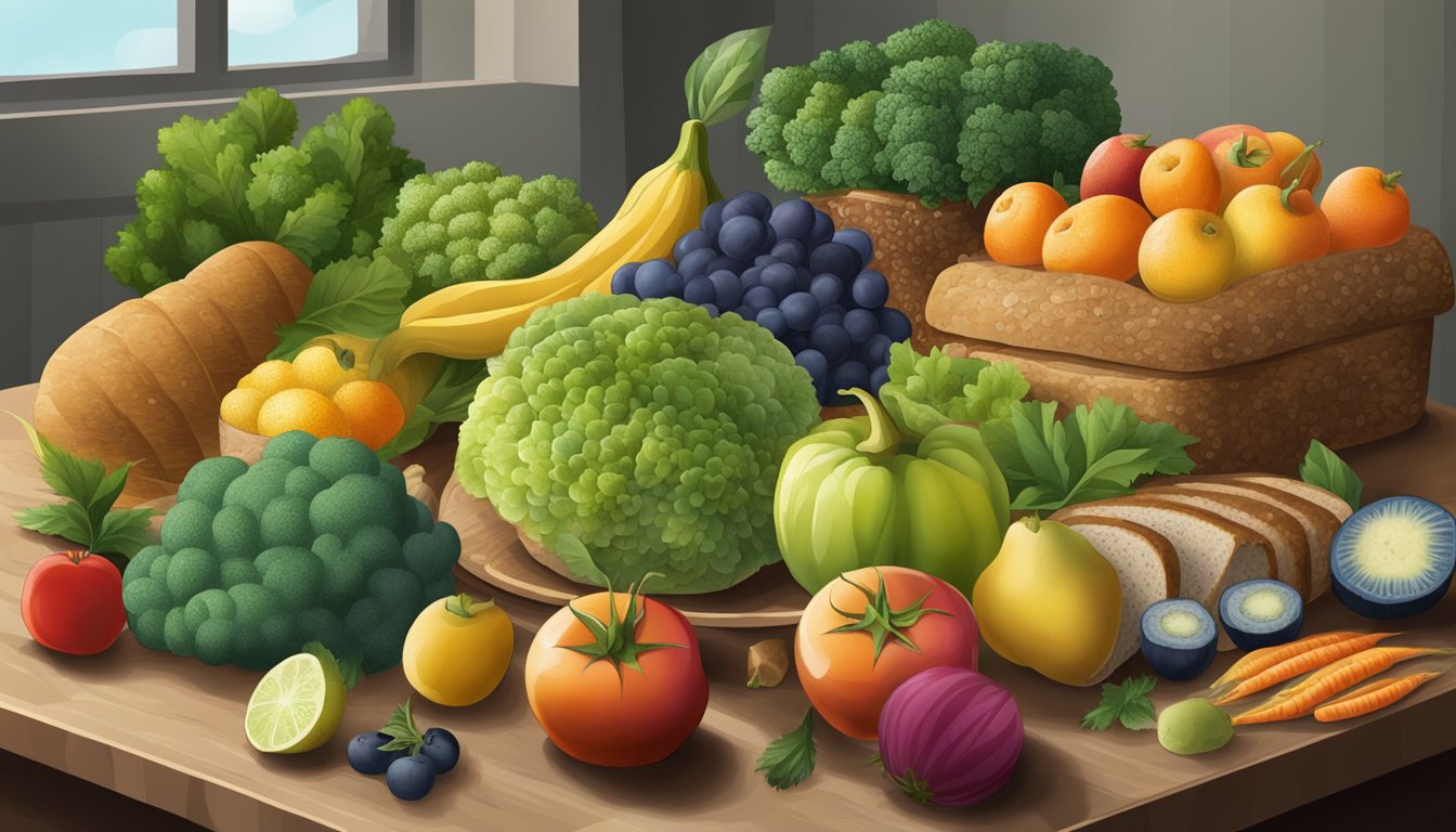 A variety of colorful fruits and vegetables arranged on a table, with a moldy loaf of bread in the background