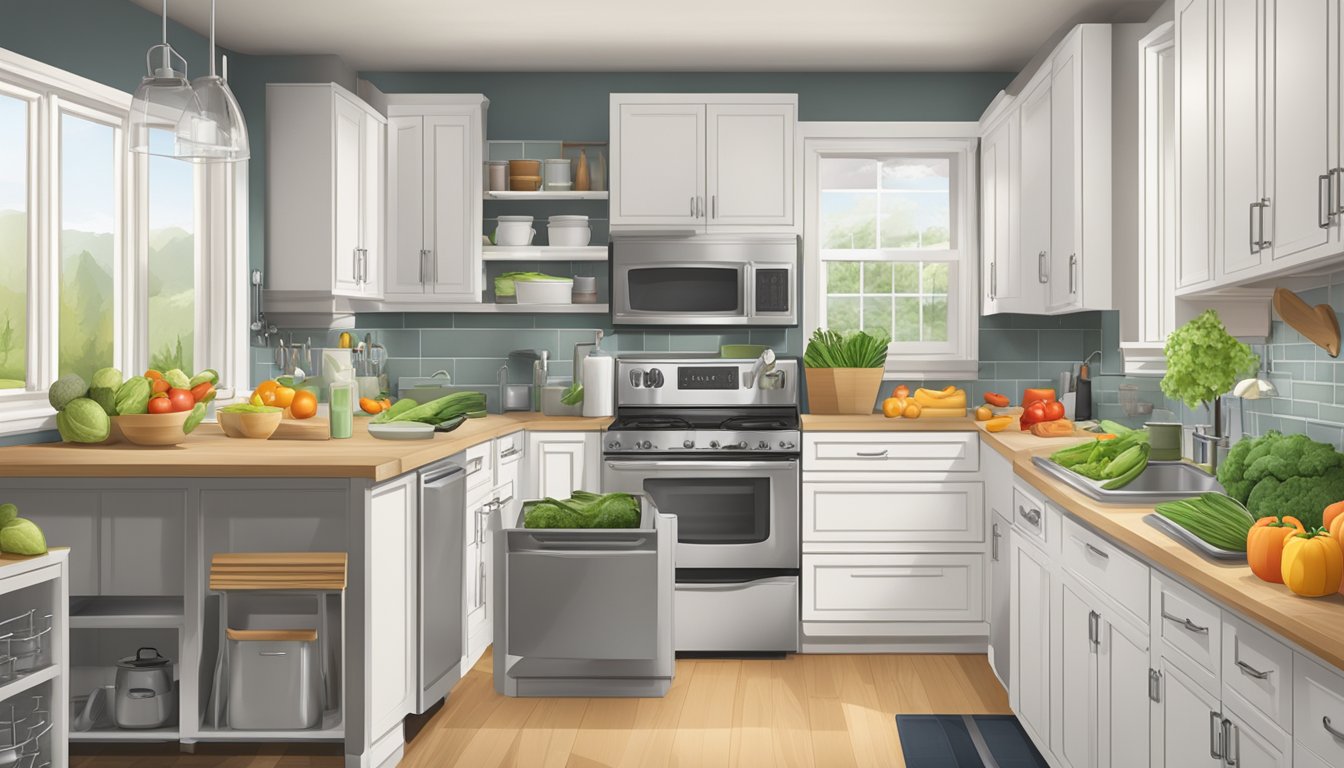 A well-organized kitchen with fresh produce, labeled containers, and a meal plan calendar on the wall. A variety of cooking utensils and appliances are neatly arranged for efficient meal preparation