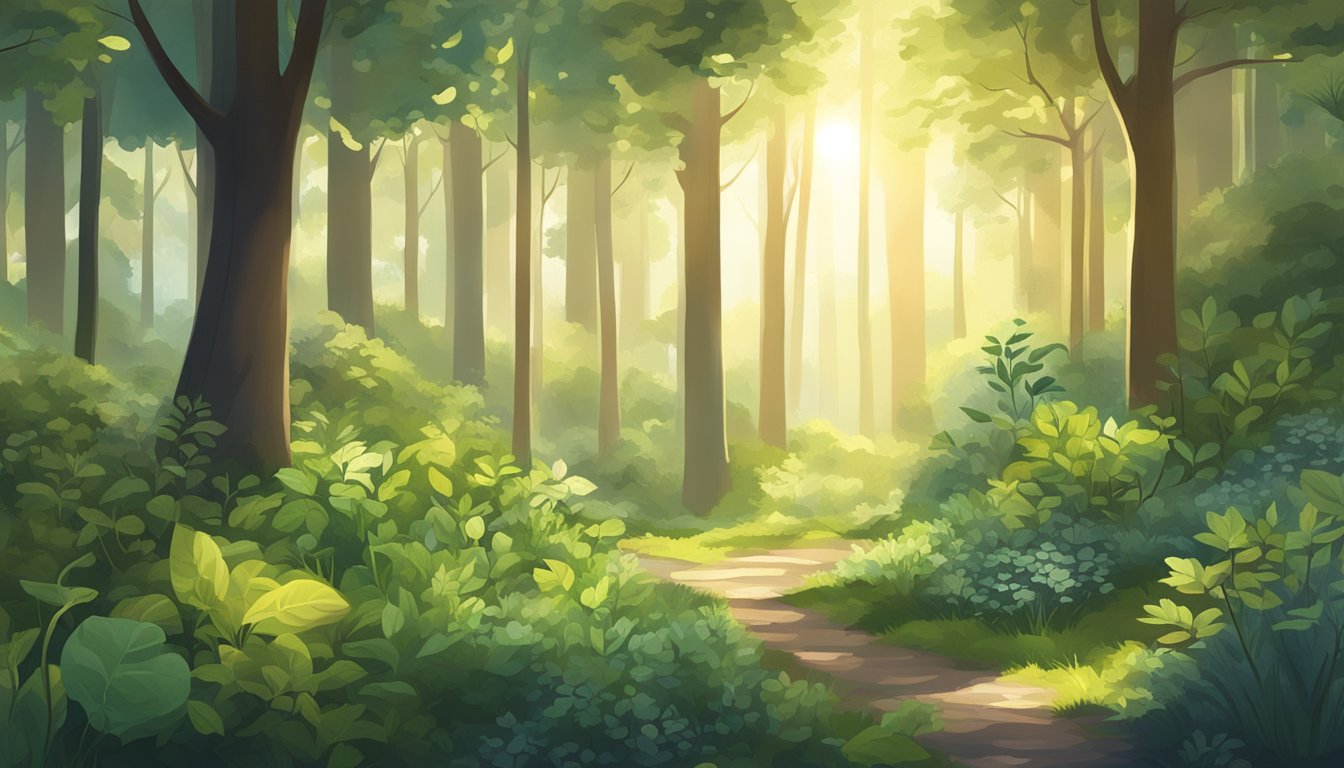 A serene forest with sunlight filtering through trees, showcasing various herbs and plants known for their immune-boosting properties
