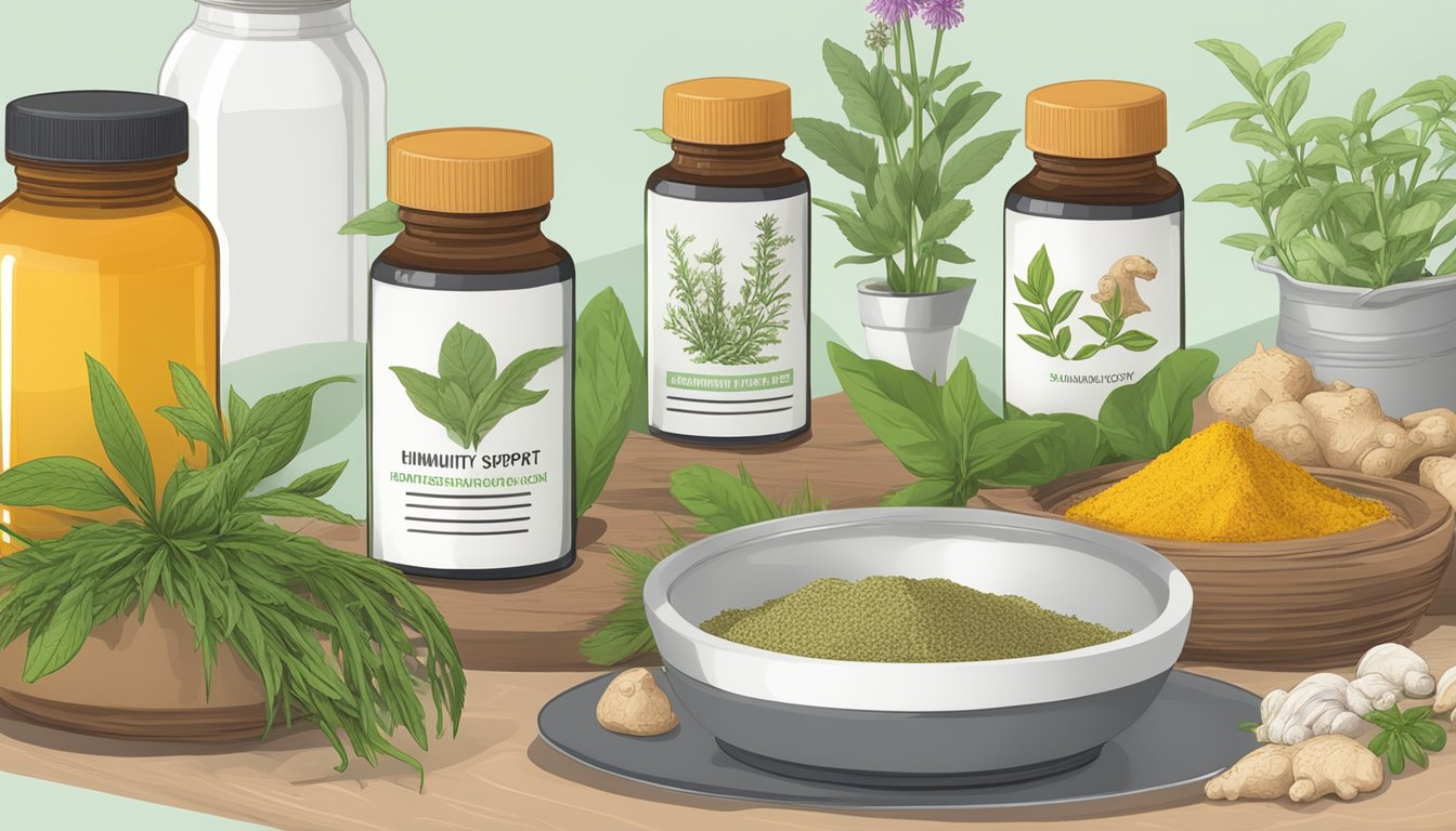 A table with various herbs and plants, such as echinacea, turmeric, and ginger, alongside bottles of supplements labeled "Immunity Support" and "Mold Defense."