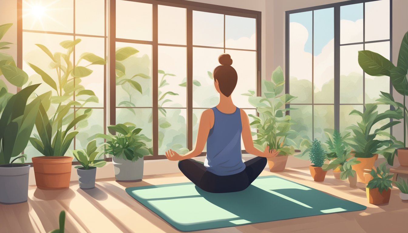 A serene, sunlit room with open windows and potted plants. A person practices yoga or meditation, surrounded by air purifiers and natural remedies