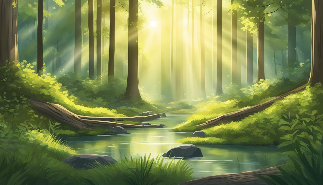 A serene forest scene with sunlight filtering through the trees, illustrating the healing power of nature against mold exposure