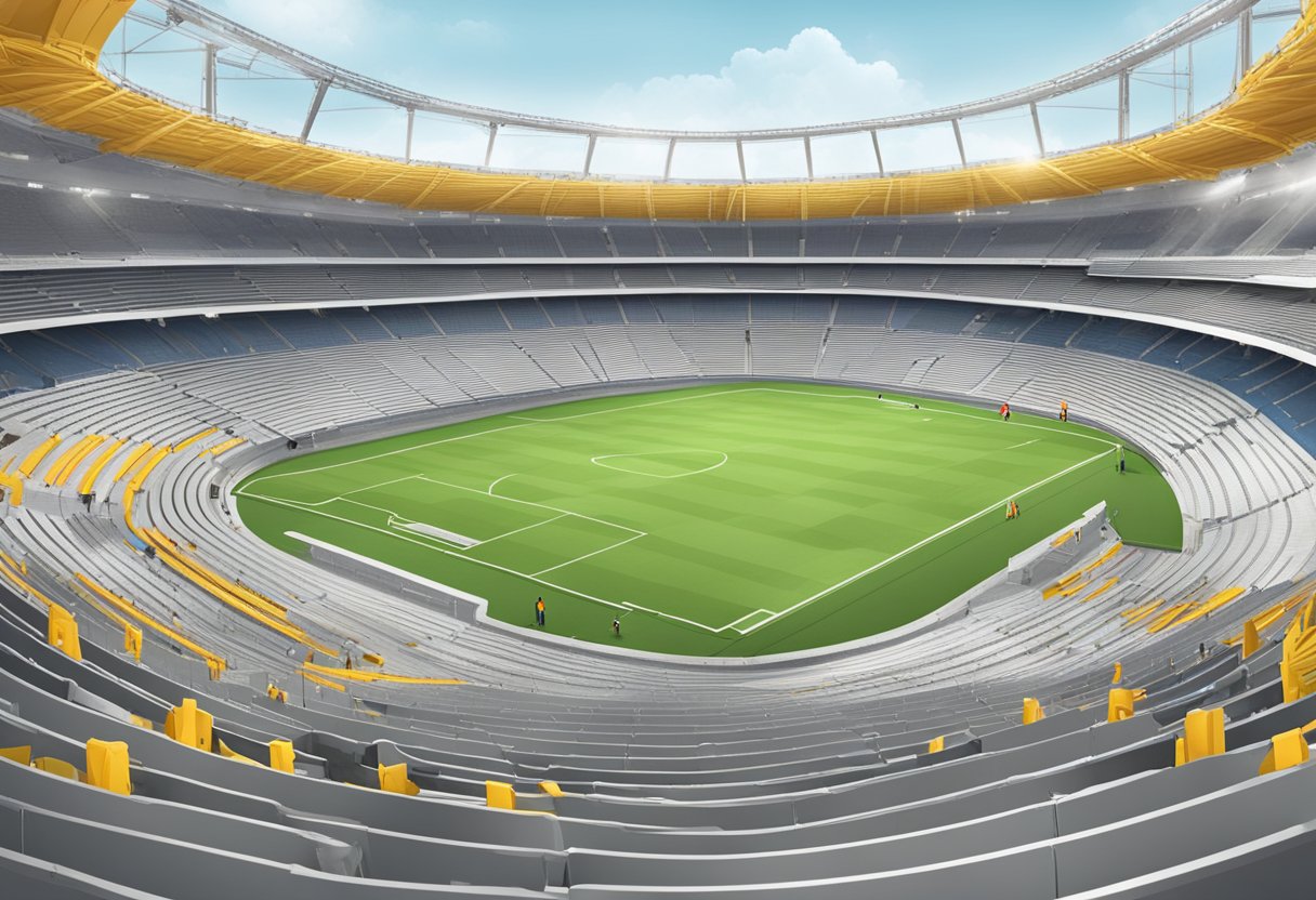 The stadium is under construction, with workers laying down seats in a specific plan