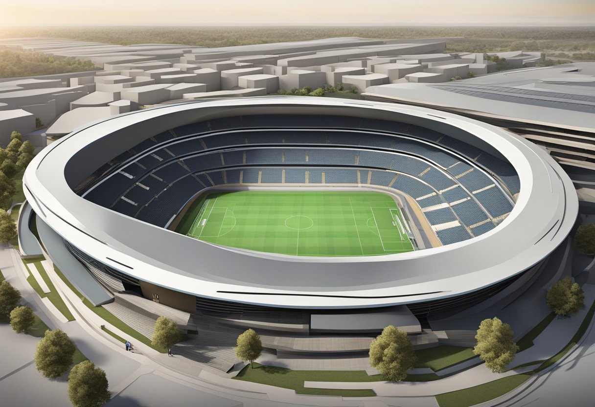 The Royal Bafokeng Stadium is a modern, open-air arena with a tiered seating plan and a striking architectural design. The construction features sleek lines and a prominent roof structure, creating a visually dynamic space