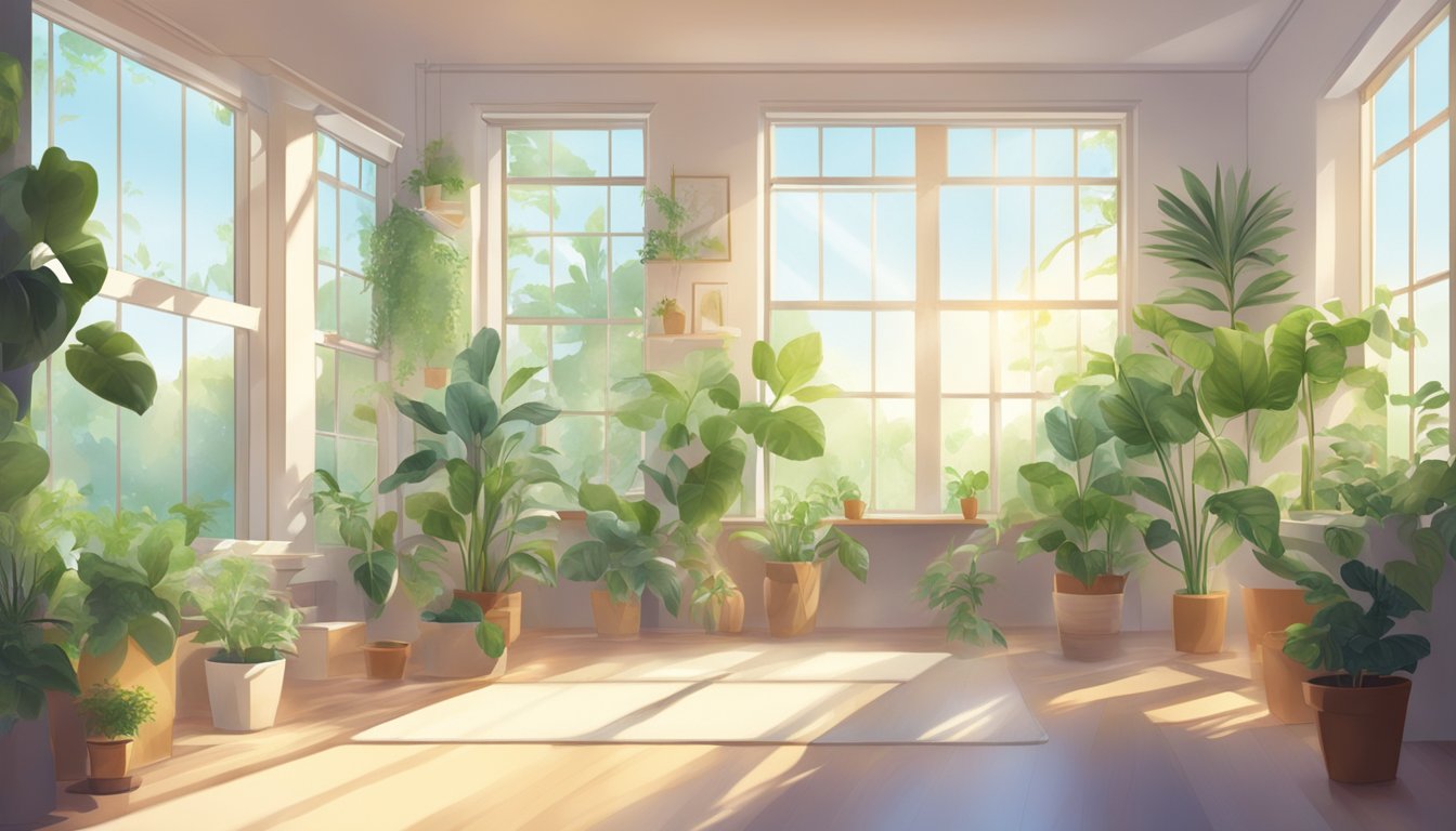 A bright, airy room with plants, open windows, and a HEPA filter. Sunlight streams in, illuminating a clean and dust-free space