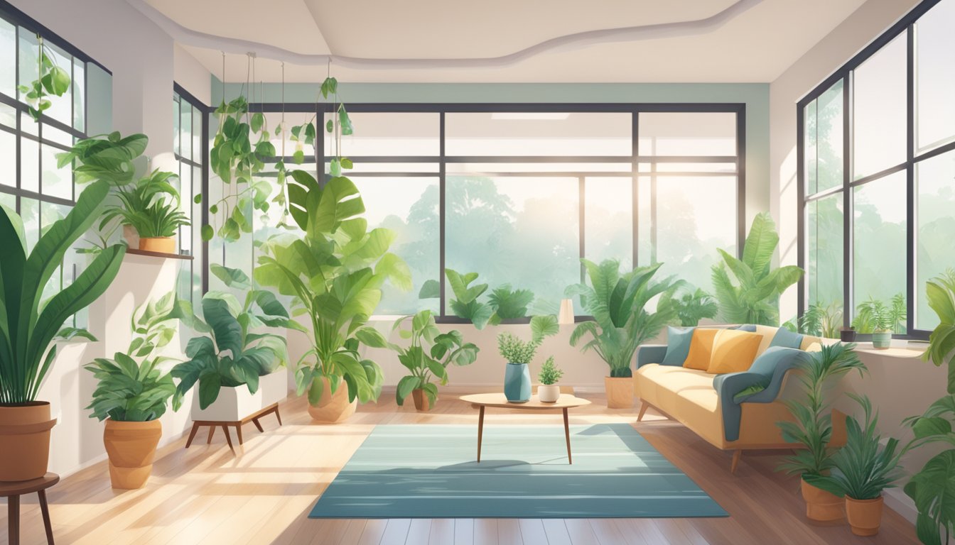 A bright, airy room with plants, open windows, and air purifiers. Clean surfaces and natural light create a healthy indoor environment