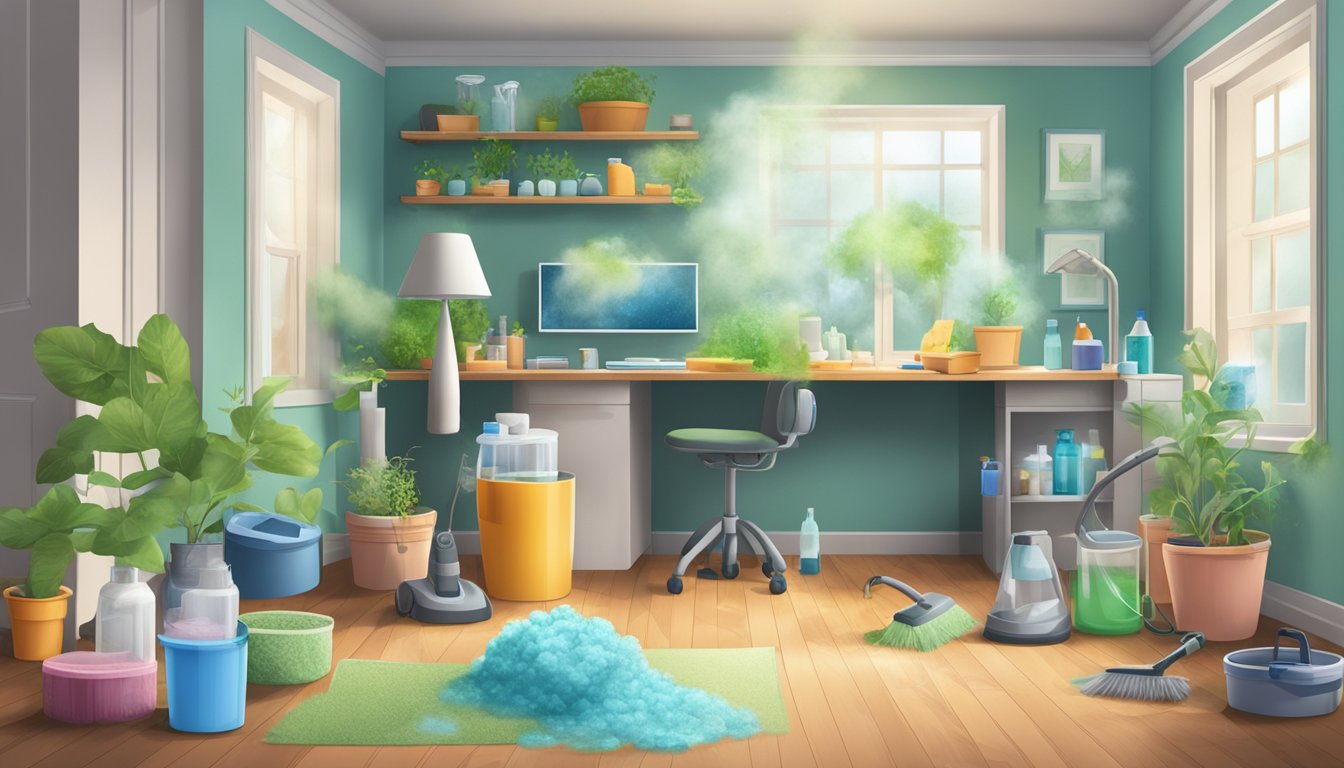 A room with various objects emitting pollutants, like cleaning supplies, mold, and pet dander, impacting air quality and immune system health