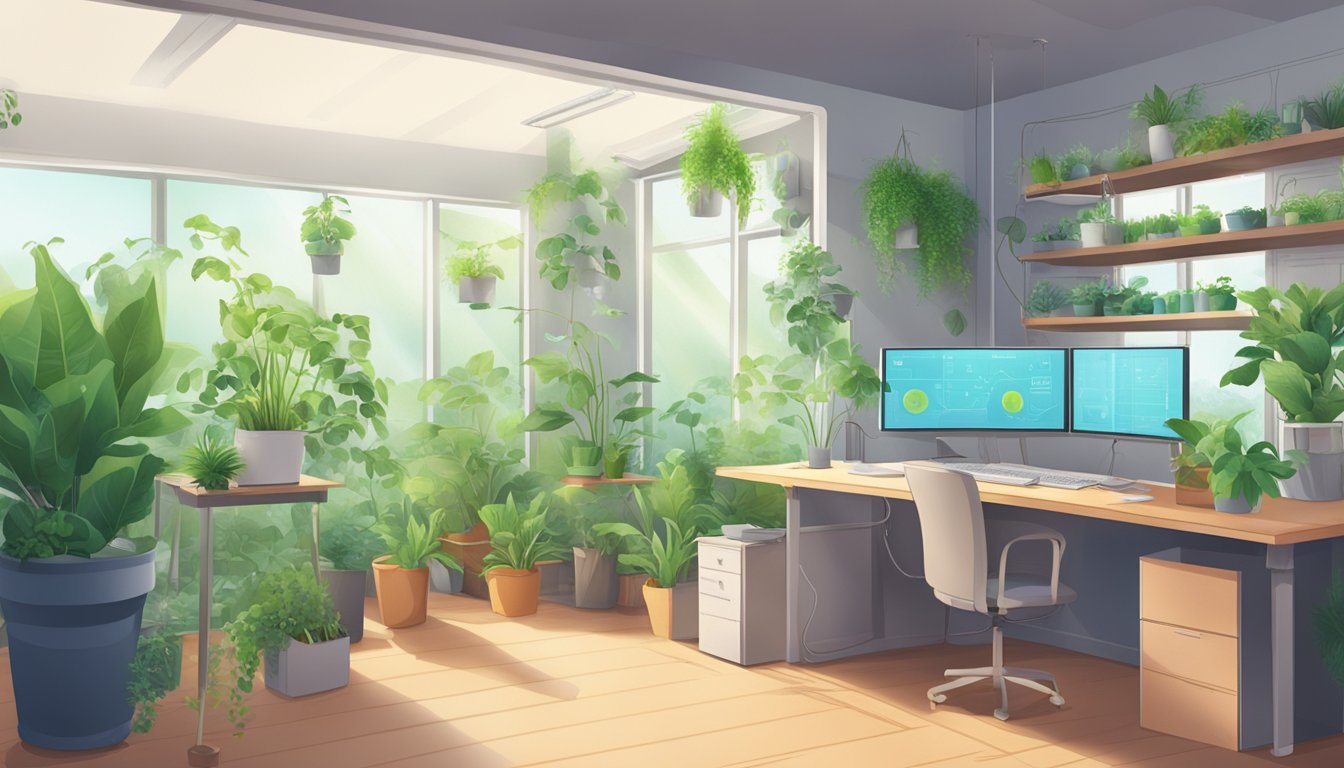 A room with a ventilation system, plants, and air quality monitoring devices