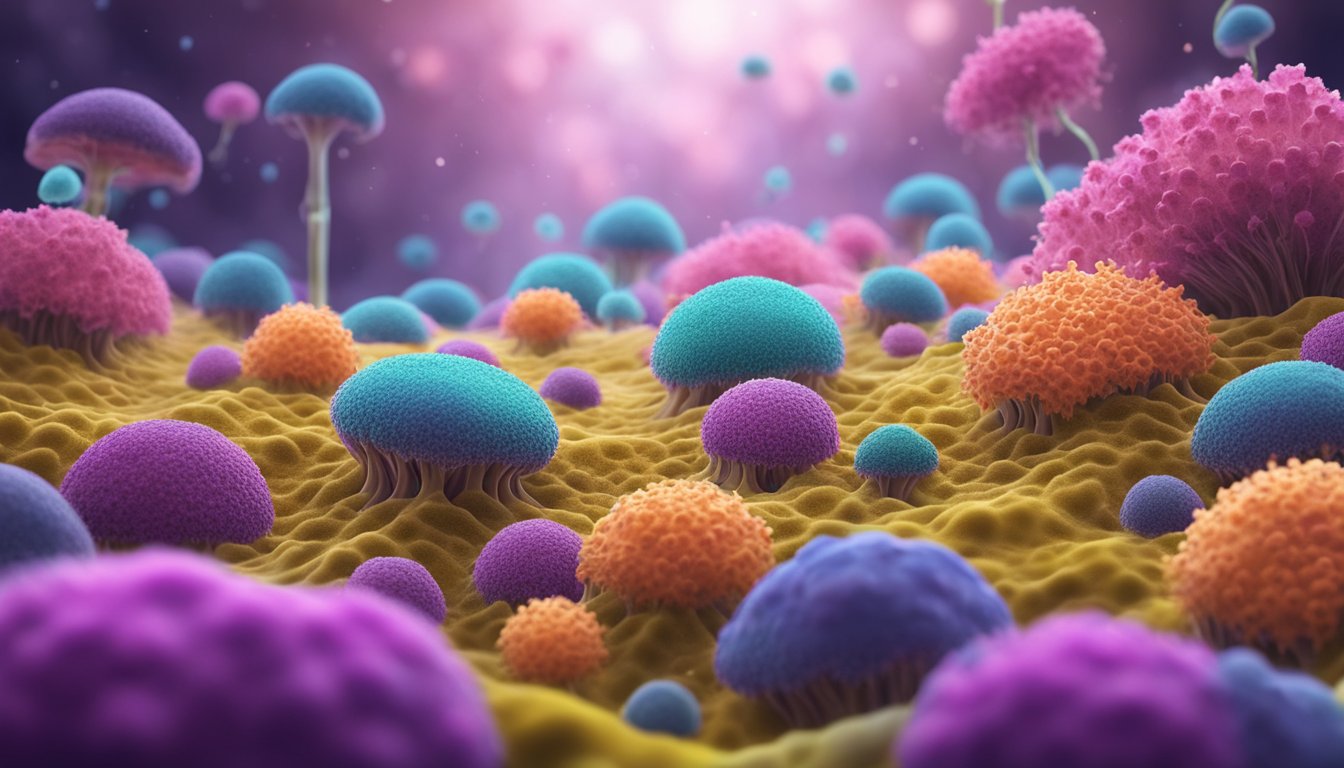 Brightly colored immune cells surround and engulf mold spores, creating a protective barrier