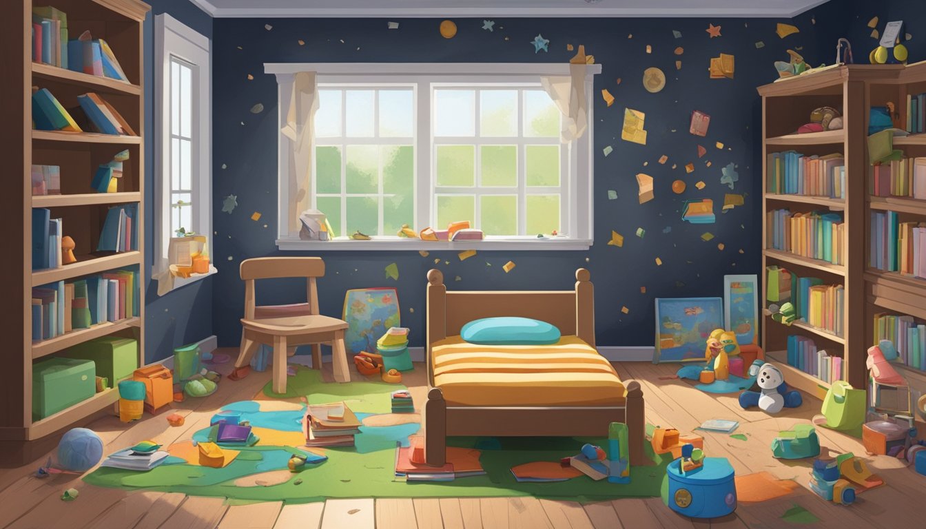 A dark, damp room with visible mold growth on walls and ceiling. Toys and books scattered on the floor. A child's bedroom with a window cracked open, allowing moisture to seep in