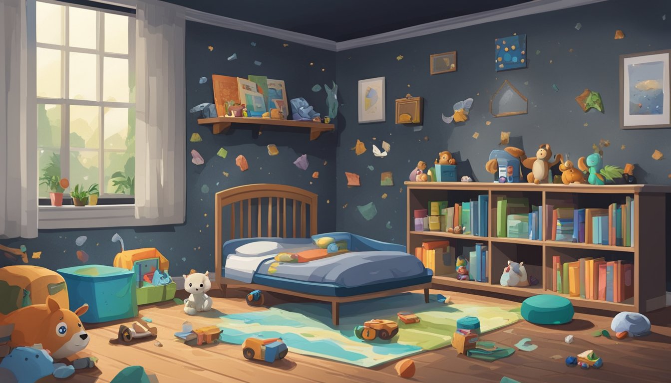 A dark, damp room with visible mold growth on walls and ceiling. Children's toys and books scattered around, with a small child's bed in the corner