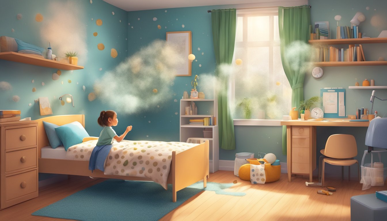 A child's bedroom with mold spores floating in the air, while a doctor administers medication to boost the immune system