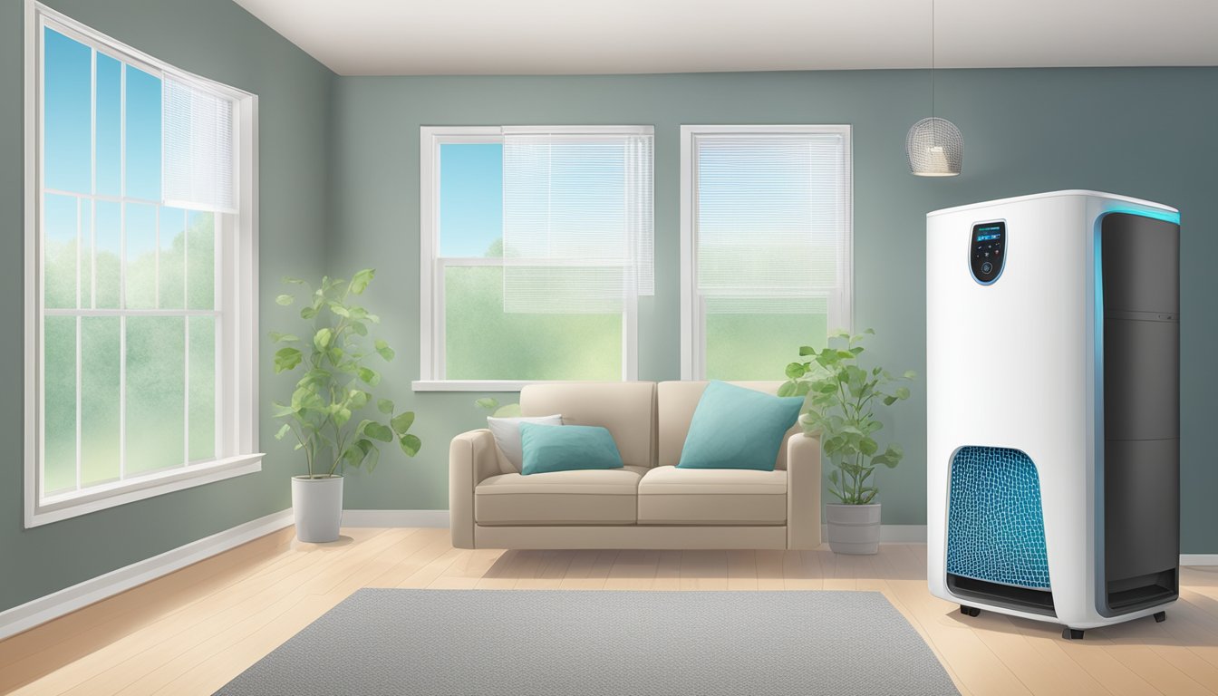 A HEPA filter removes mold spores from the air, preventing immune issues. It sits inside an air purifier, surrounded by clean, fresh air