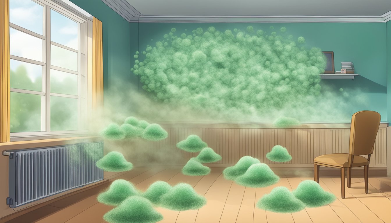 A room with mold spores floating in the air, a HEPA filter capturing and trapping the spores, preventing them from causing immune problems