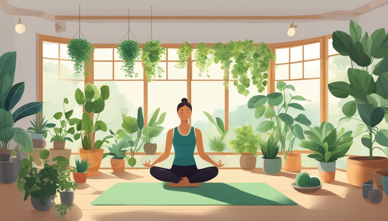A bright, sunlit room with open windows, green plants, and fresh fruits. A person practicing yoga or meditation in the center