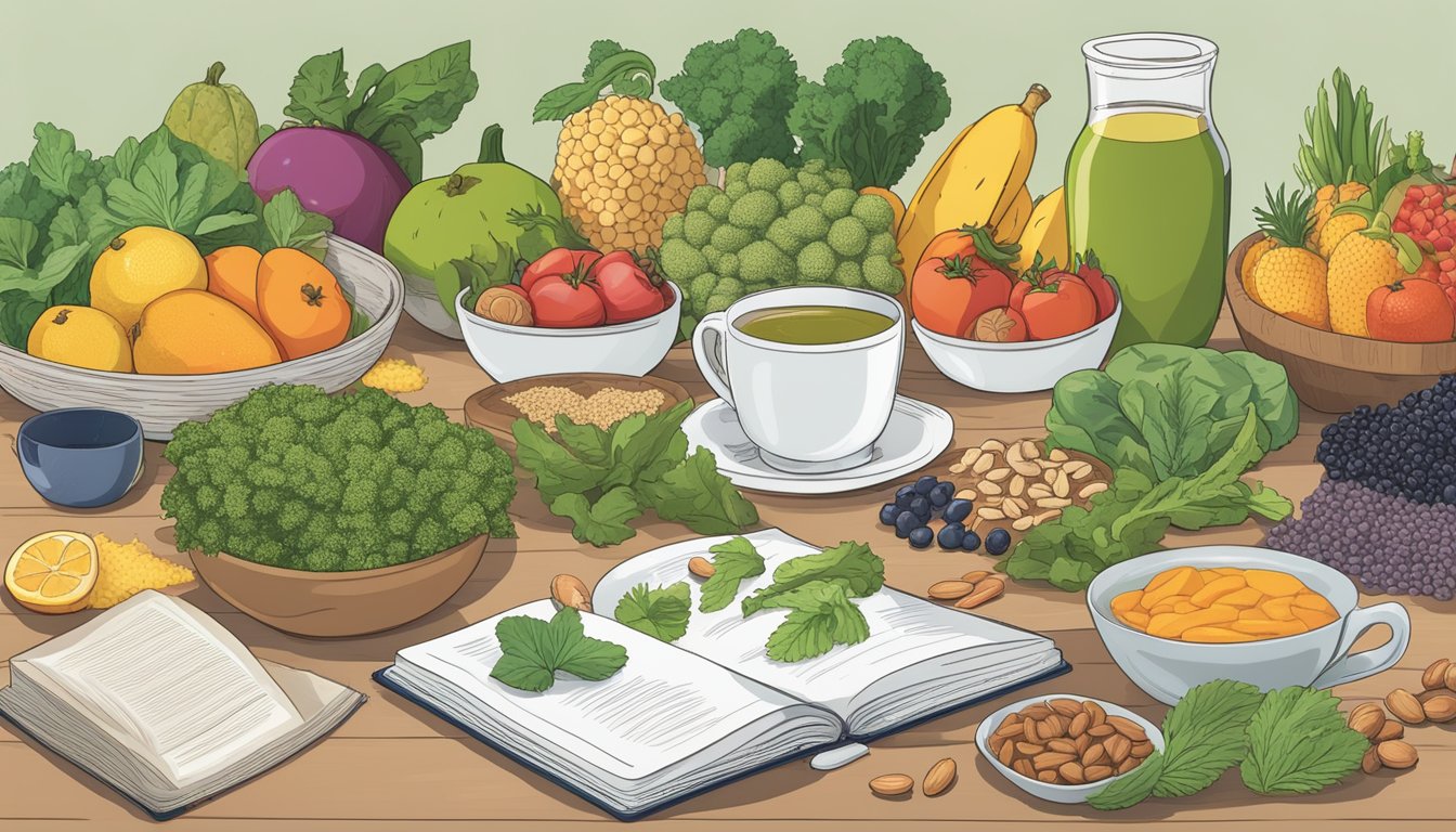 A table with various foods like fruits, vegetables, nuts, and seeds. A cup of herbal tea and a bottle of probiotics are also present. A book titled "Boosting Your Immune System After Mold Exposure: A Recovery Guide" is open