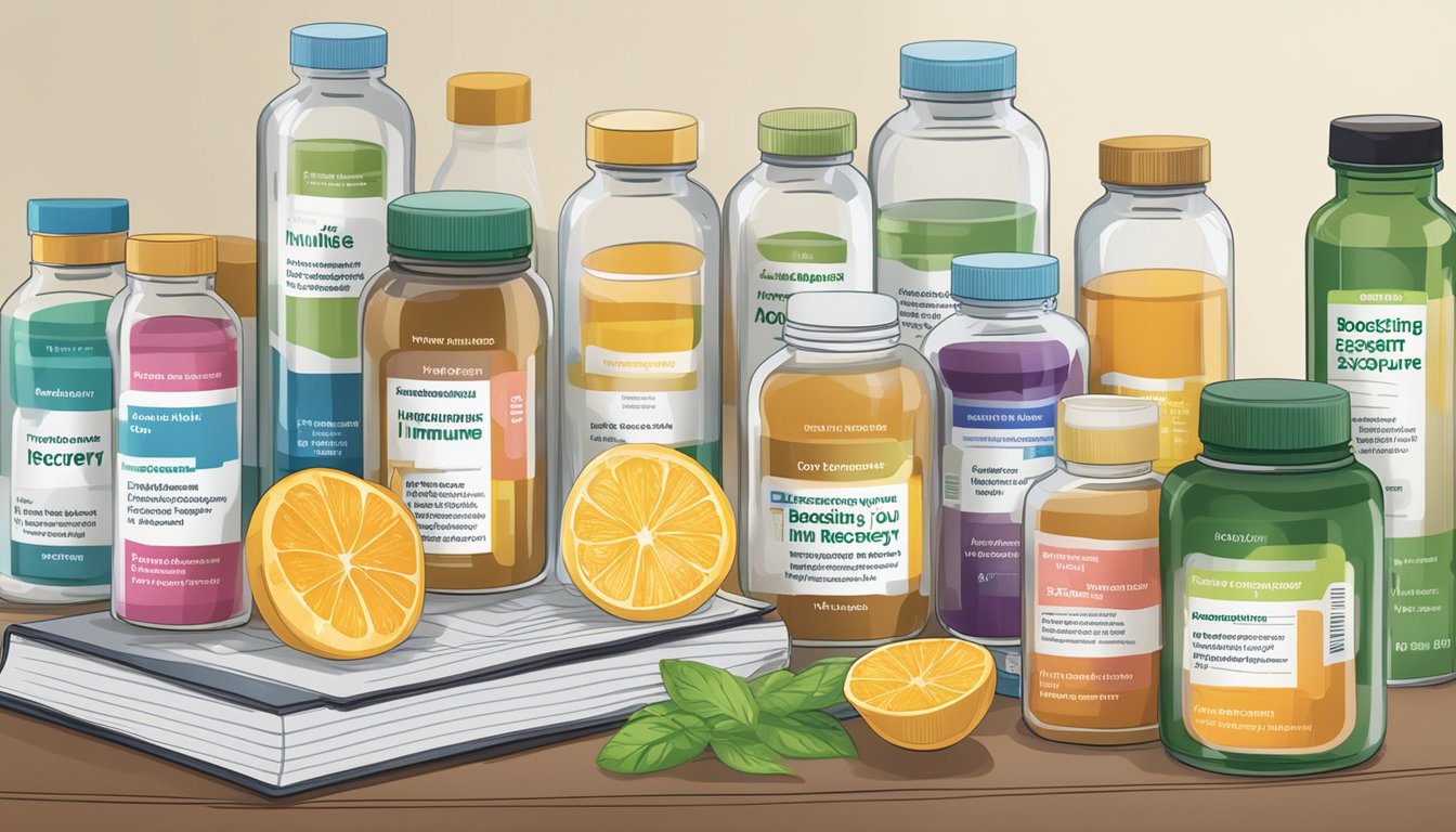 A table displays various bottles of supplements and vitamins with labels indicating immune enhancement. A book titled "Boosting Your Immune System After Mold Exposure: A Recovery Guide" is open next to the bottles