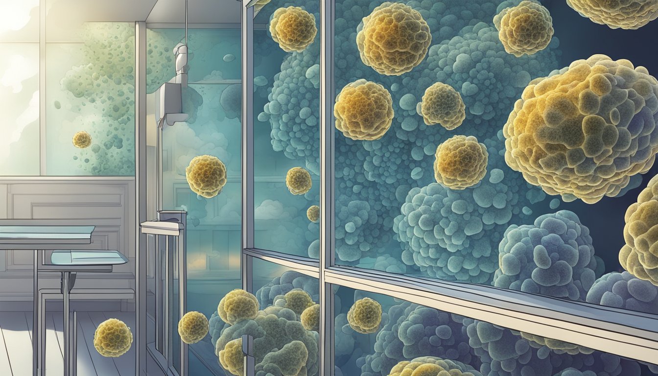 Mold spores infiltrate a home, triggering immune system response. Cells attack the intruders, leading to inflammation and potential dysfunction
