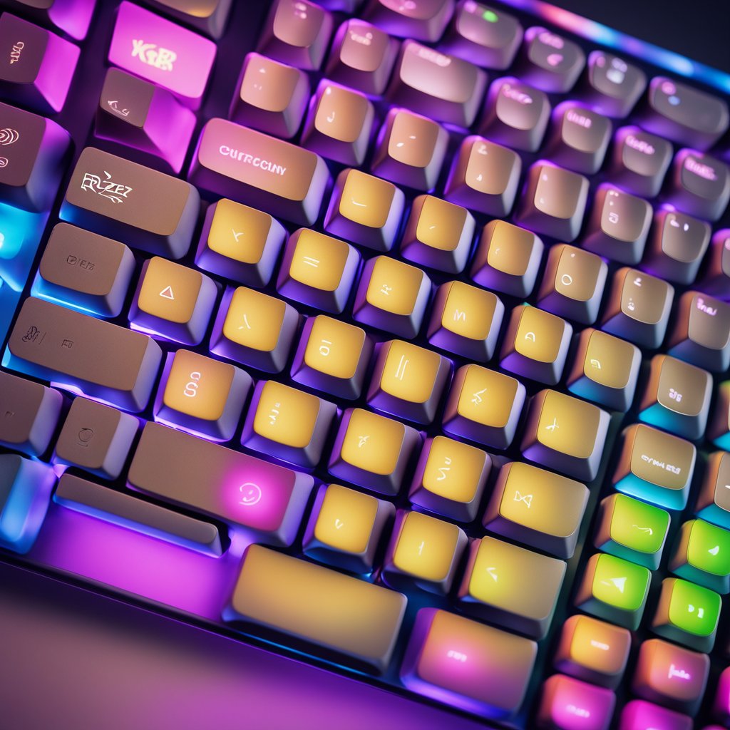 A Razer Huntsman Mini keyboard sits on a sleek desk, illuminated by soft, colorful LED lights. Its compact design and clicky keys give off a modern and high-tech vibe