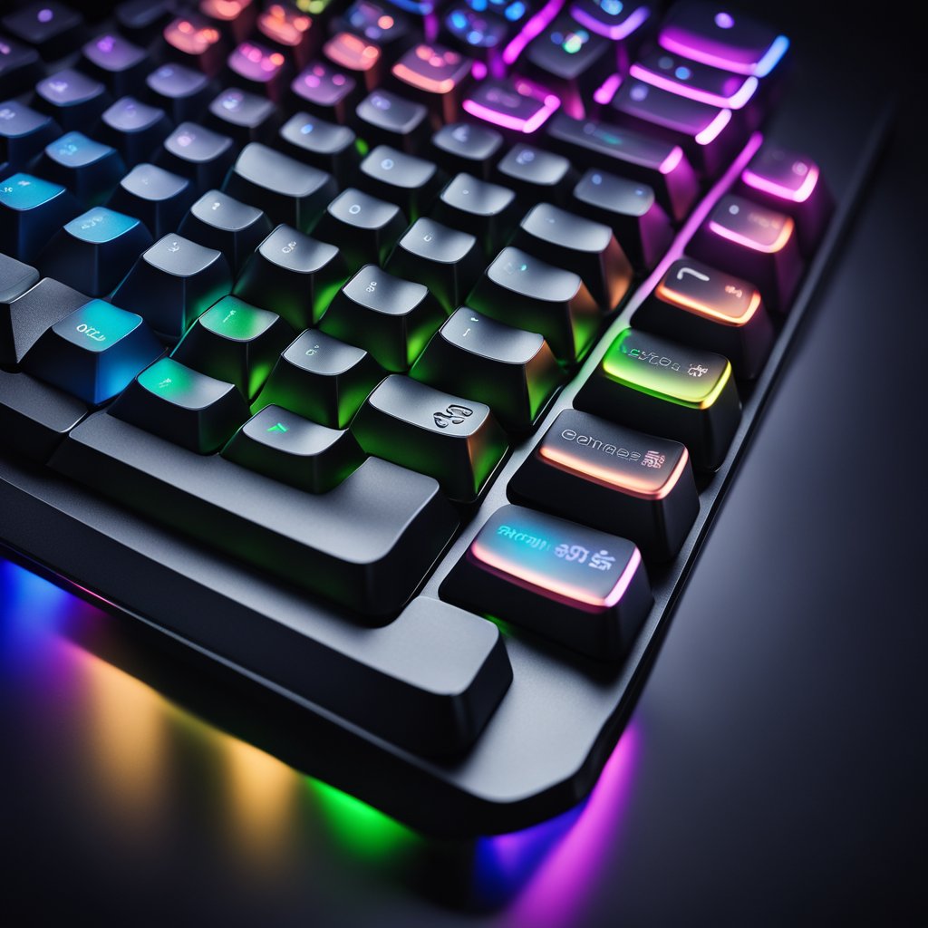 The Razer Huntsman Mini keyboard sits on a sleek, black desk. Its compact size and vibrant RGB lighting make it stand out against the dark backdrop