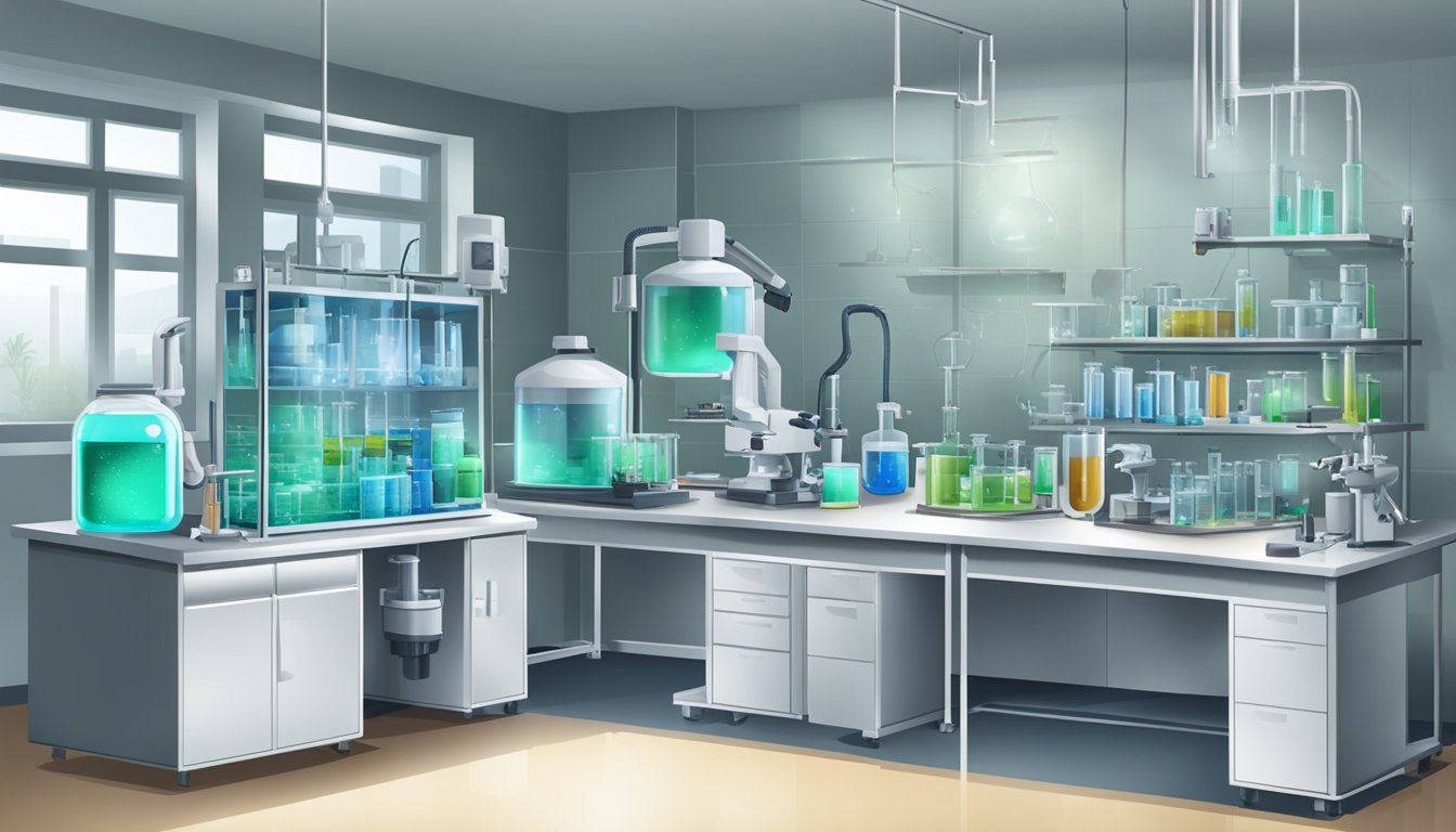 A laboratory setting with equipment for mold detection and quantification, including petri dishes, microscopes, and scientific instruments