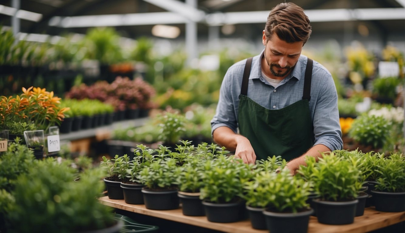 A person choosing low maintenance plants from a variety of options at a garden center